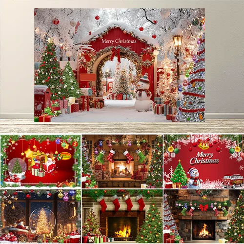 Fondo de Navidad con estampado de rocío, pancarta, tema de chimenea, árbol de Navidad de invierno, decoración interior, foto de retrato de fiesta familiar