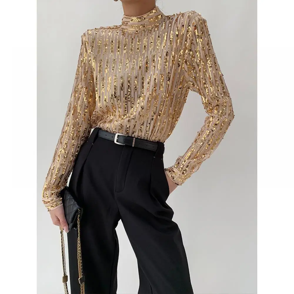 Spring Women Mesh Tops Brand Blouse Handcrafted Sequin Blingbling Striped Golden Luxury Shirts Long Sleeve Stand Collar