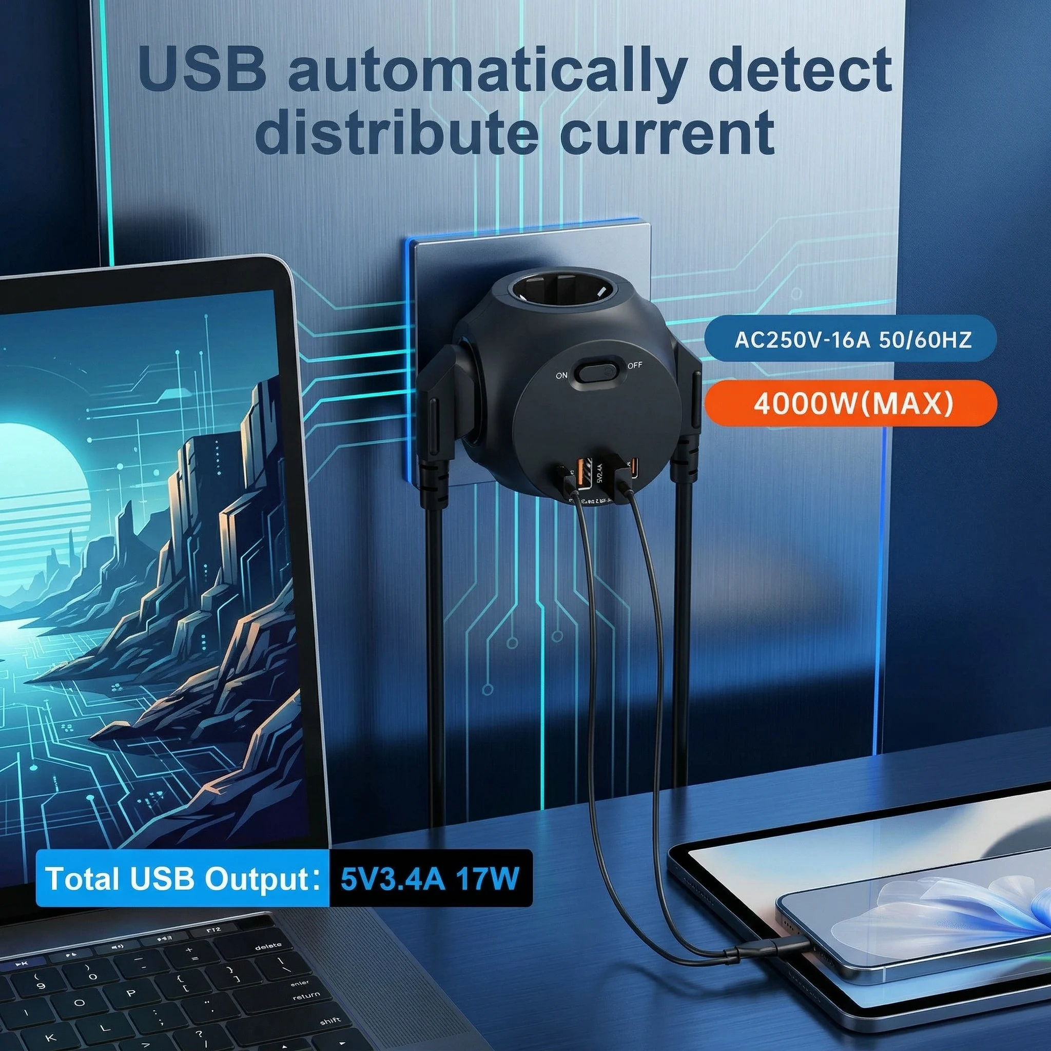 4000W EU-Stecker-Steckdosenleiste, 4 Standard-AC-Steckdosen, 2 USB-A+2 USB-C Schnellladeanschlüsse, geeignet für Schlafzimmer, Büro, Wohnzimmer, D