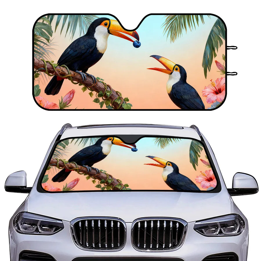 Multi-Functional Foldable Car Window Sunshade With 3 Sizes, Tropical Toucan And Hibiscus Design, UV Protection For Front Windshi