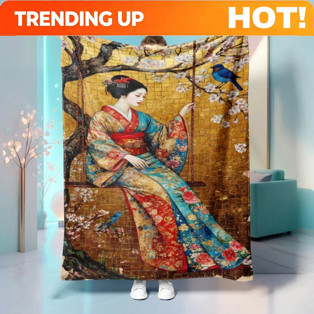 Customize A Lightweight Flannel Blanket Featuring a Japanese Geisha Design with Cherry Blossoms, Suitable for Sofas, Beds, Trave