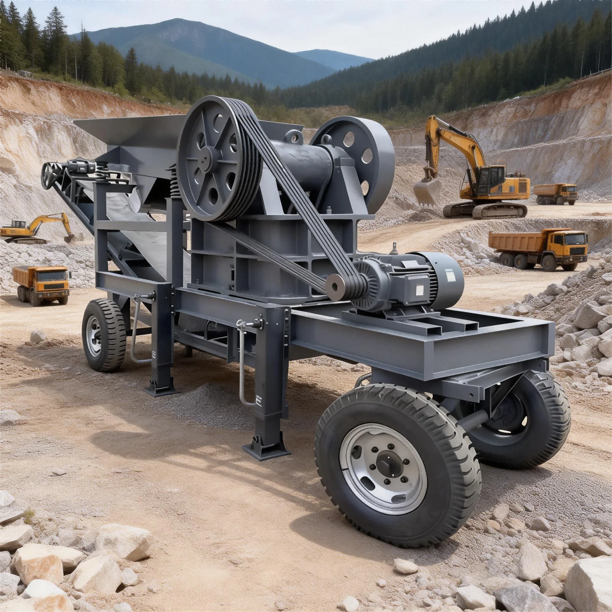 Factory Direct Sales of 100-ton/hour Tire-mounted Mobile Jaw Crusher Capable of Crushing Various Materials Including Granite.