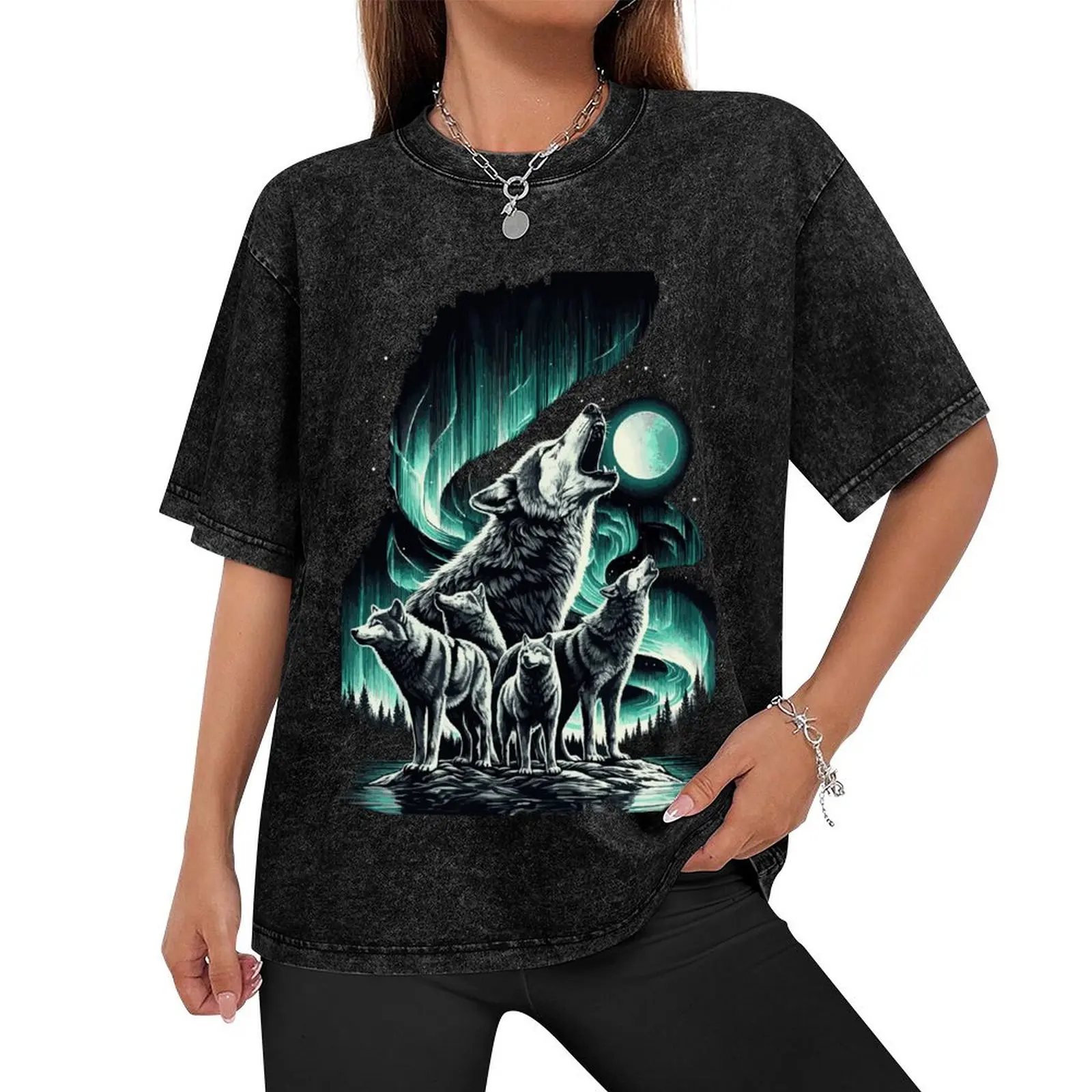 Pack of Wolves Howling Under the Northern Lights in a Stunning Landscape T-Shirt Blouse plus sizes Men's t-shirt