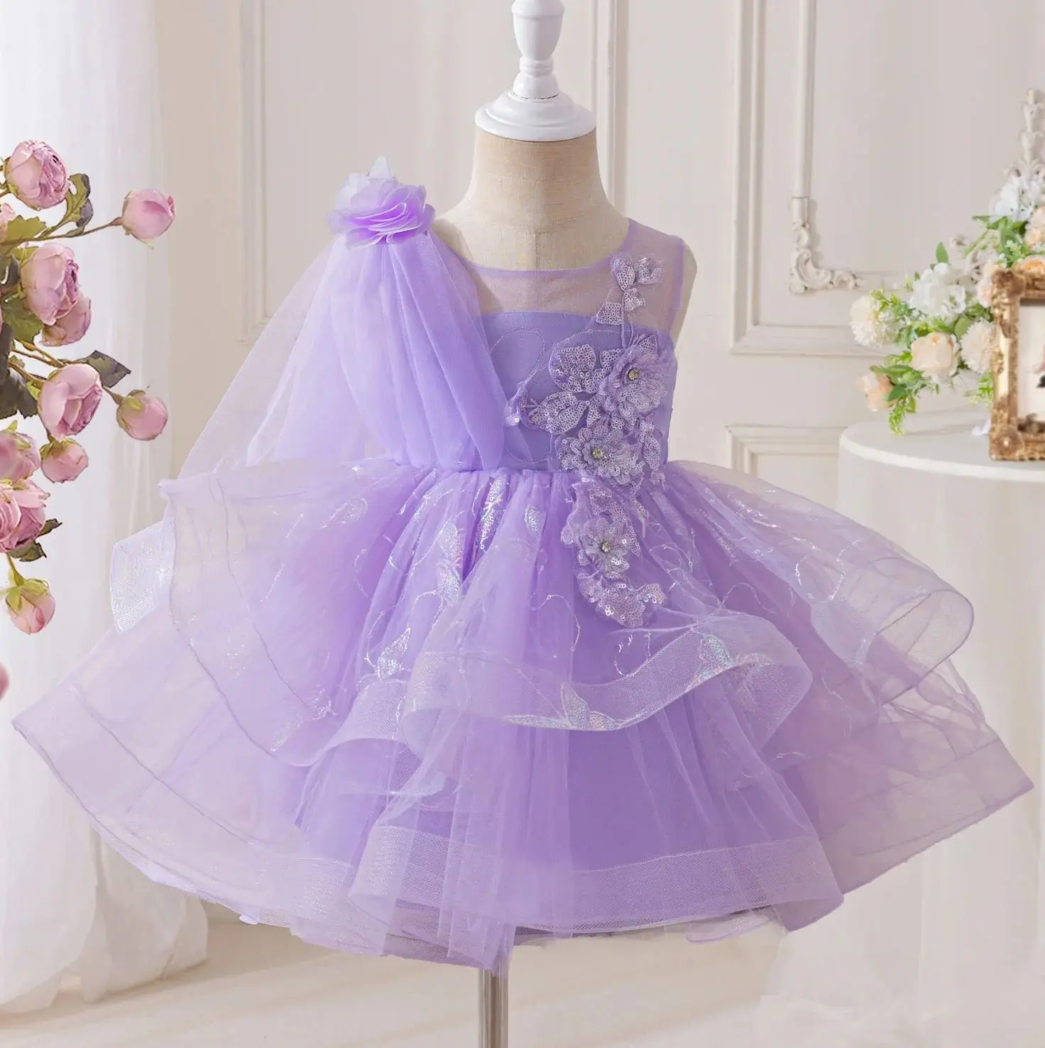 New Elegant Girl Party Dress Ball Gown Dancing Layered Girly Dresses Tutu Child Clothes Tulle 3 to 10 T