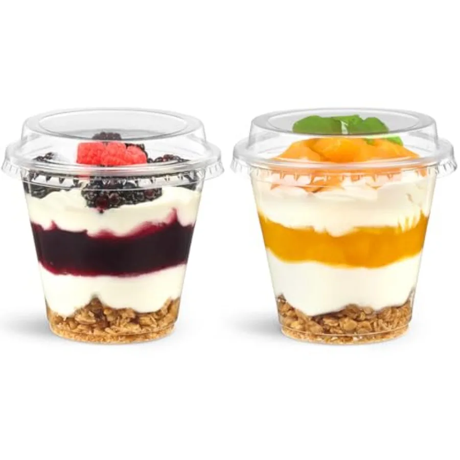 

Pack 9 oz Plastic Dessert Cups with Lids, Small Plastic Yogurt Parfait Cups, Mini Round Party Serving Cup for Pudding, Fruit, C
