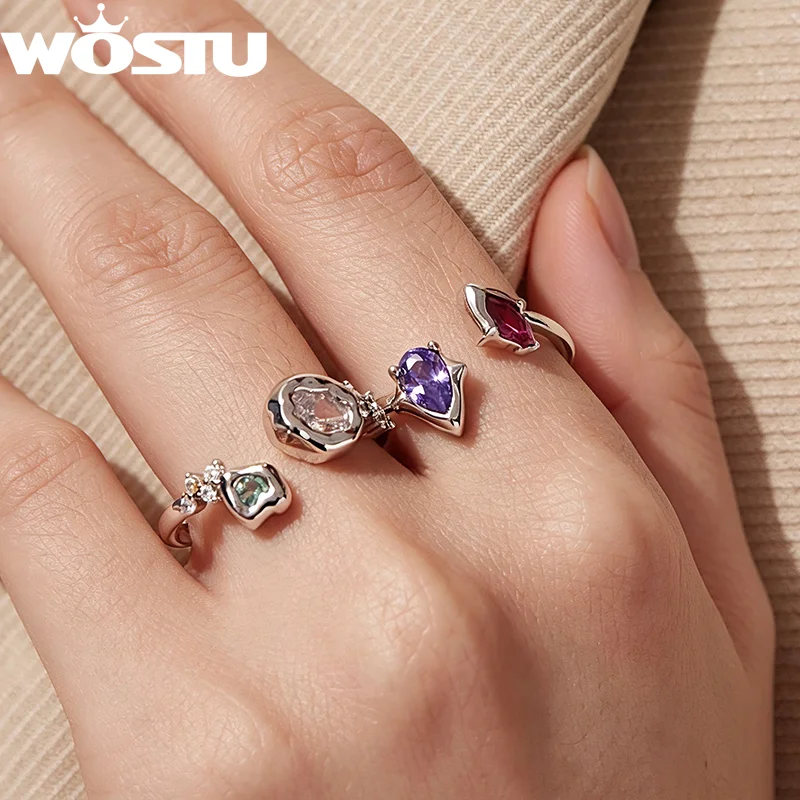 WOSTU Artistic Irregular Platinum Plated Open Ring, Double Gem Star CZ Adjustable Rings Boho Women's Hypoallergenic Jewelry Gift