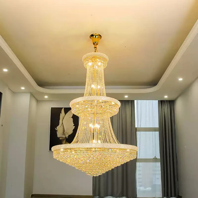 Custom Indoor Gold Crystal Chandelier High Ceiling Hanging Lamp for Lobby Stair Entryway & Long Corridors Elegant Pendant Lights