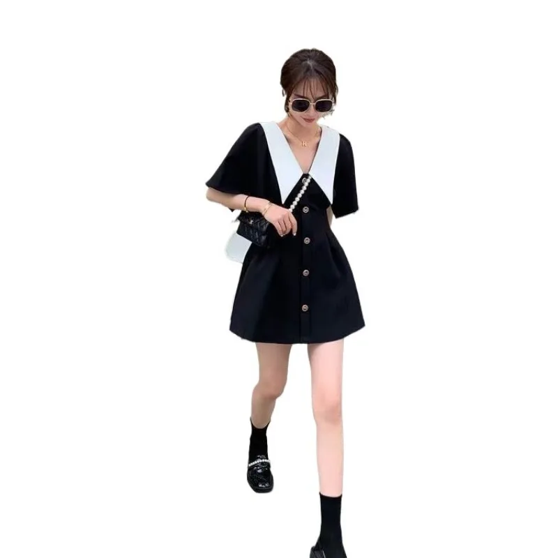 

Женское мини-платье А-силуэта с воротником-стойкой, на пуговицах, с коротким рукавом, больших размеров