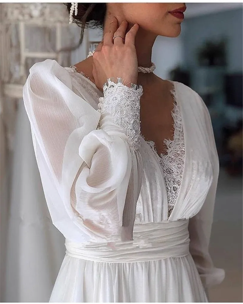 BOHO Wedding Dresses Long Puff Sleeves Bridal Gowns V-Neck Backless Sexy Robes For Bride Vestidos De Novia Exquisite Customized