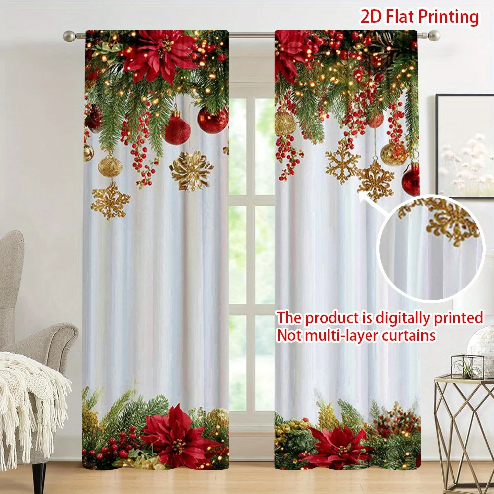 2pcs,holiday Christmas curtains with snowflake and gold sphere patterns,suitable for bedroom,living room,home Christmas curtains