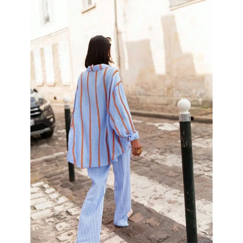 Plus Size New 1XL-5XL New Women's Casual Shirt Fashion Striped Long-sleeved Loose Lapel Women's Top
