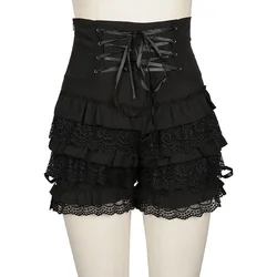 Retro Black Gothic Steampunk Lolita Ruffle Lace Safety Shorts Pumpkin Bloomer High Waist Shorts Pants Women Boyshort Panties