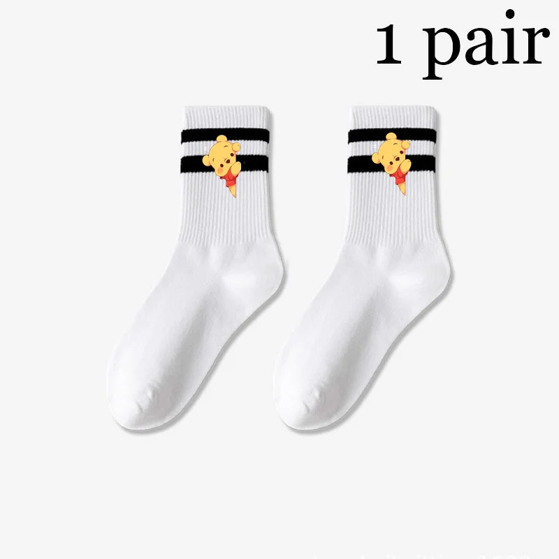 Cute Winnie The Pooh Bear Mid Tube Socks for Women Solid Colour in White and Black Streetwear Harajuku Breathable Casual Socks