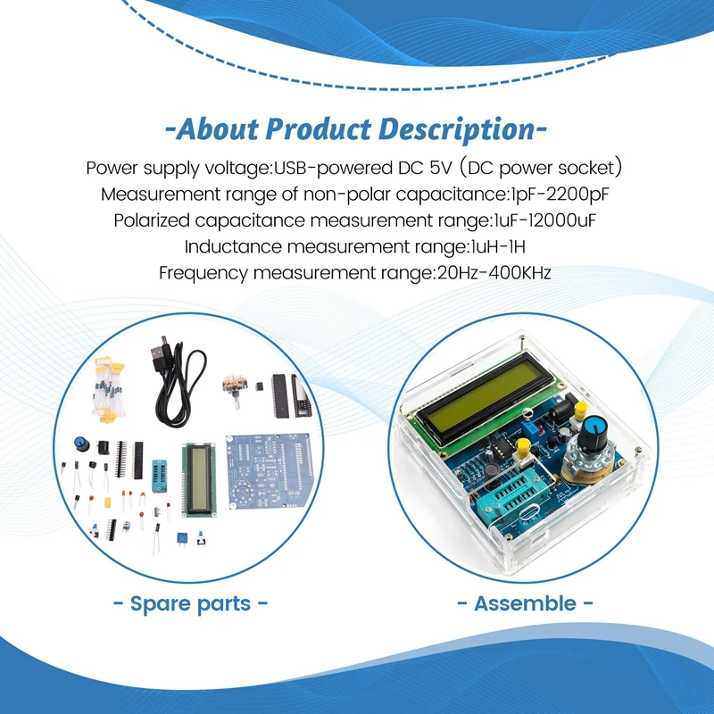 Medidor de frecuencia LCD DC5V, probador de transistores USB, Kits de bricolaje, instrumento de medición de inductancia y capacitancia Digital