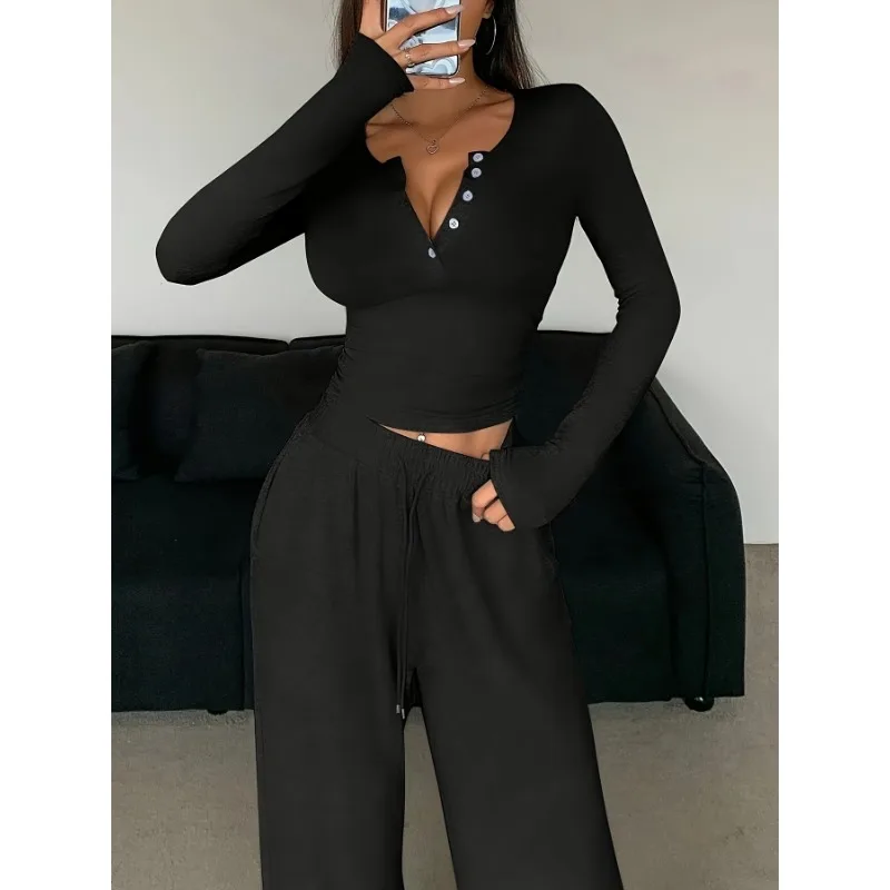 Saison nouveau costume à manches longues boutonné couleur unie haut moulant pantalon deux pièces ensemble pour femmes pantalons ensembles