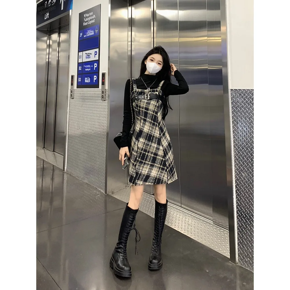 Women's Plaid Overlap Strap Dress Inner Wear Base Top Two-Piece Set Autumn Winter plus Size Fat MM City Walk Casual Dress