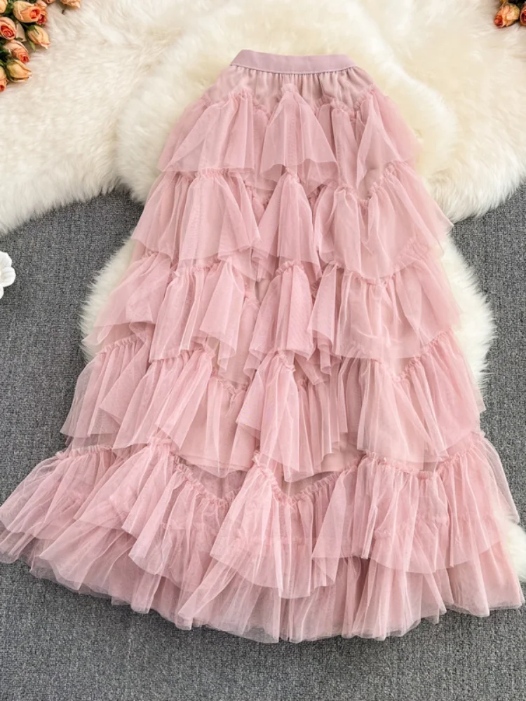 

Cake Skirt Long Skirts Womens 2023 Spring Autumn Korean Solid A Line High Waist Mesh Tiered Maxi Female Skirt Fairy Aesthetic