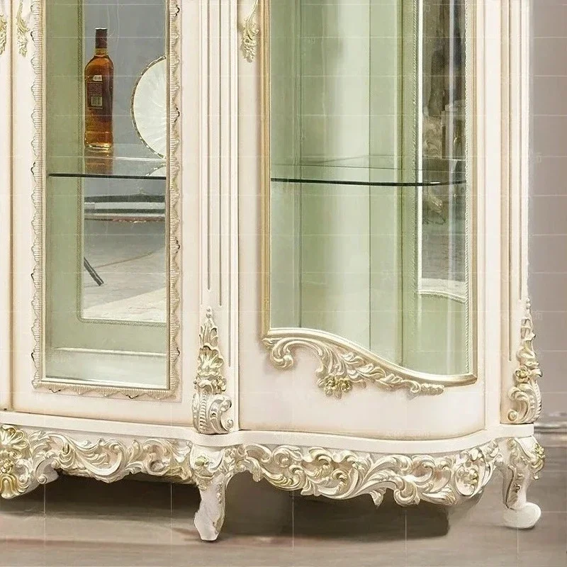 Vintage White Gold Display Cabinet For High-end Villa Living Room, Made Of Solid Wood In European Style