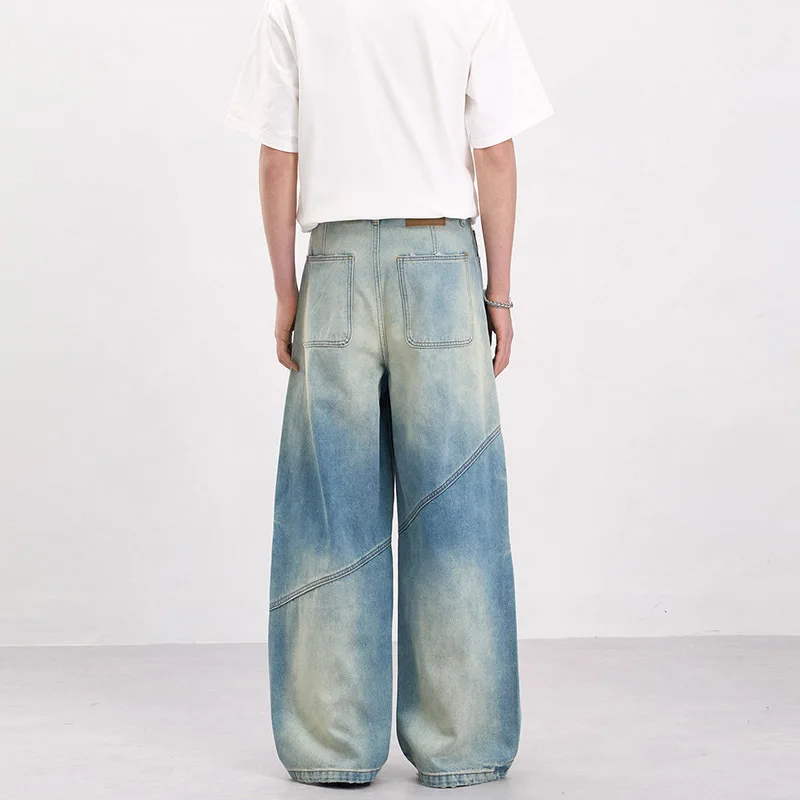 Vintage Distressed Washed Design Men's Jeans Loose Asymmetrical Irregular Patchwork Zippered Straight Denim Pants 09A4