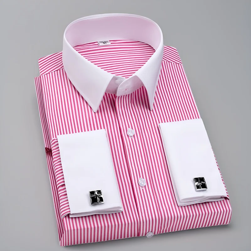 Camisa con gemelos franceses para hombre, corte ajustado de manga larga, cuello contrastante, vestido formal de negocios a rayas rosas, top para hombre