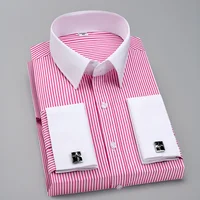 Camisa con gemelos franceses para hombre, corte ajustado de manga larga, cuello contrastante, vestido formal de negocios a rayas rosas, top para hombre