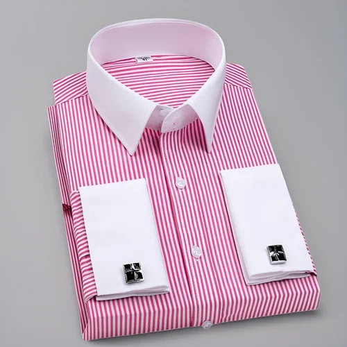 Camisa con gemelos franceses para hombre, corte ajustado de manga larga, cuello contrastante, vestido formal de negocios a rayas rosas, top para hombre