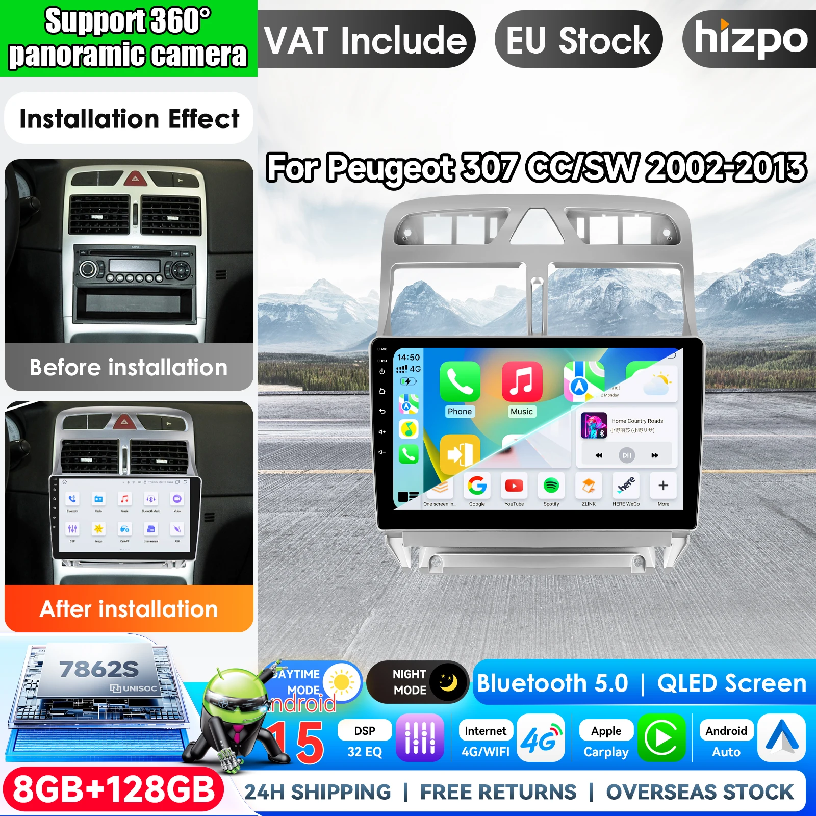 Hizpo Android Auto Autoradio für Peugeot 307 307CC 307SW 2002 2003 2004 2005 2006-2013 Multimedia Wireless Apple CarPlay Smart Intelligent Systems IPS Touchscreen Stereo Video Player 2 Din Autoradio