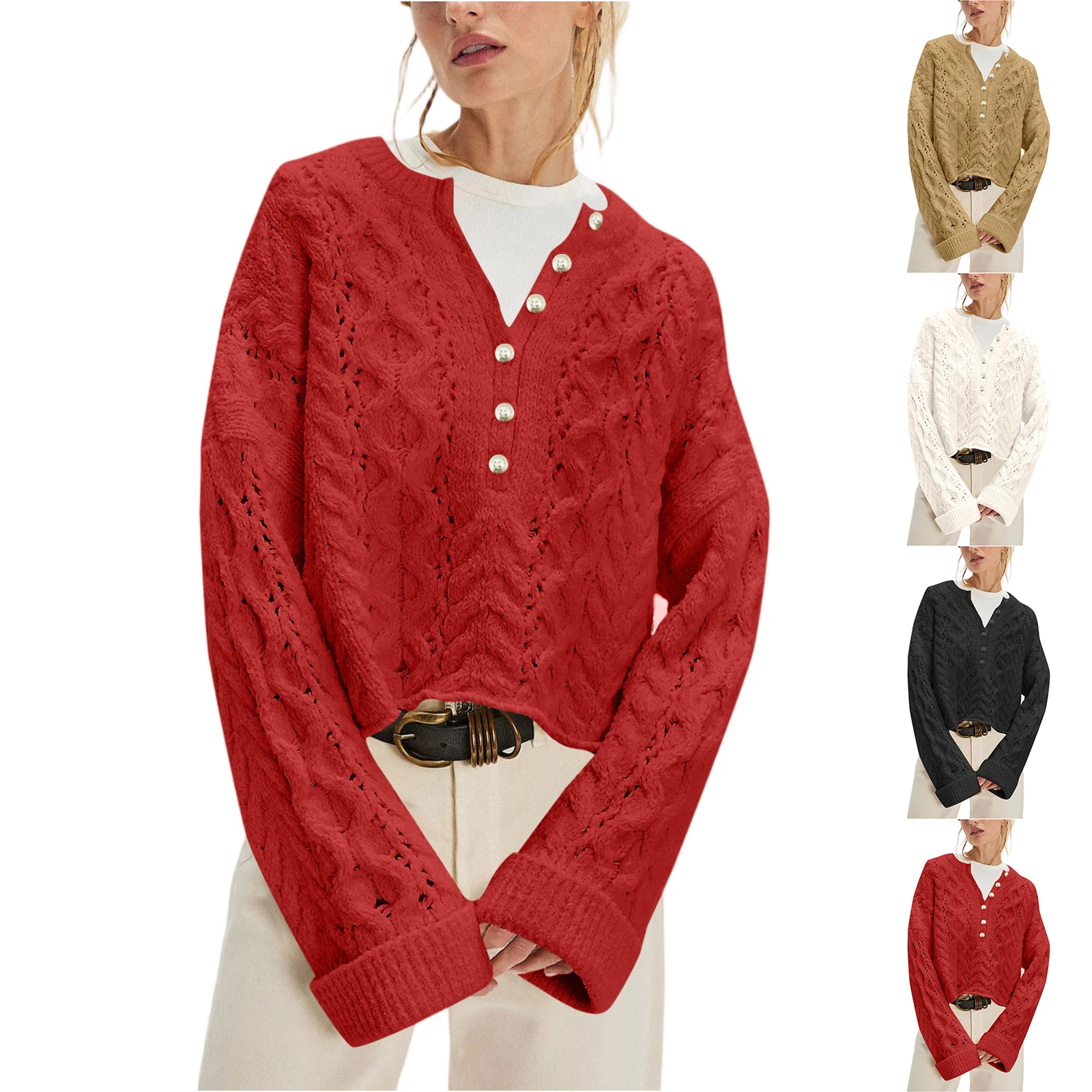 

Women'S Loose Autumn Winter New Knitting Solid Color Button Cable Knit Pullover Sweater Casual Short Knitted Sweater