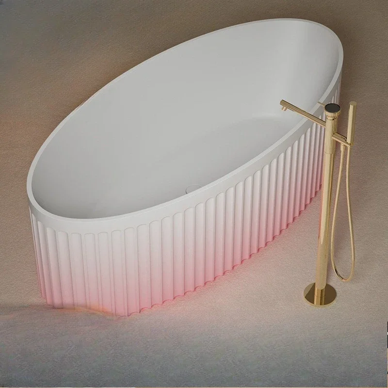 Artificial stone bathtub independent oval vertical stripe household double gradual change color bathtub