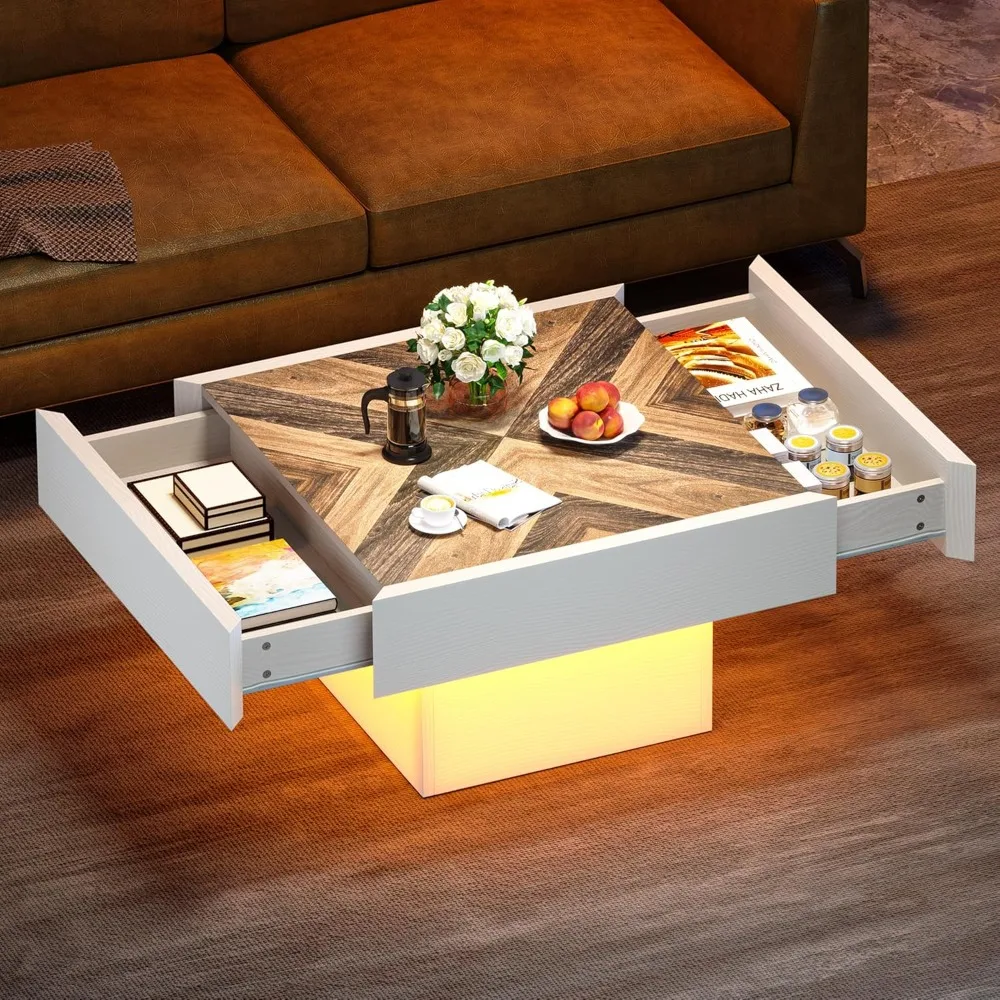 Farmhouse Coffee Table Square Coffee Table, Wooden LED Coffee Table with Storage, Modern Living Room Table with 2 Drawers