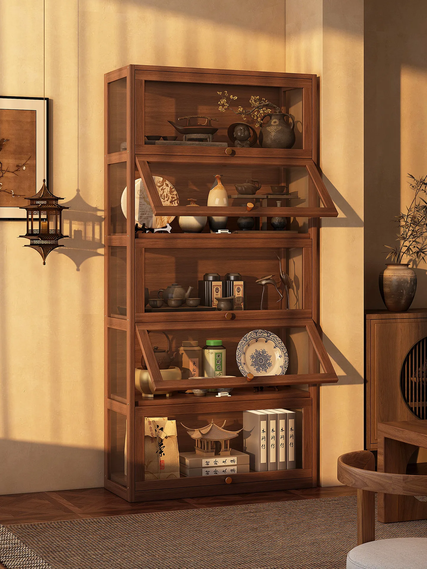 frame solid wood Chinese tea room ornament tea cabinet shelf pot set  display rack