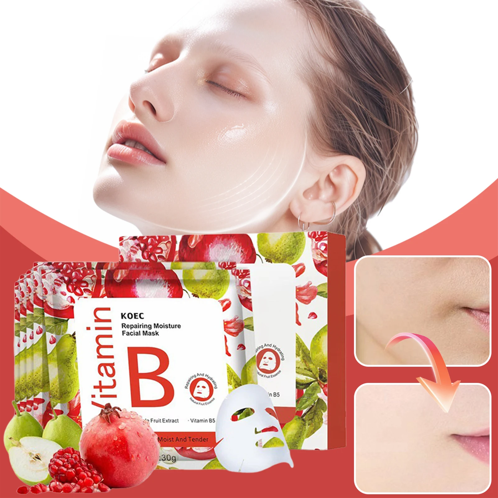 5pcs/Box Pomegranate Sheet Mask Brightening Restoring Pomegranate Sheet Mask Hydrating Smoothing Face Sheet For Men Women