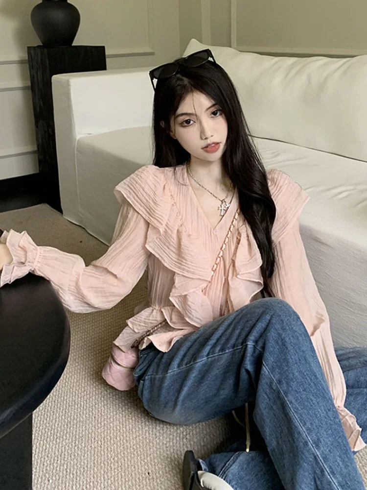 Women New Autumn Spring Crew-neck Ruffle Pleated Puff Long Sleeve Design Blouses Oversize Patchwork Casual Chiffon Over-shirt