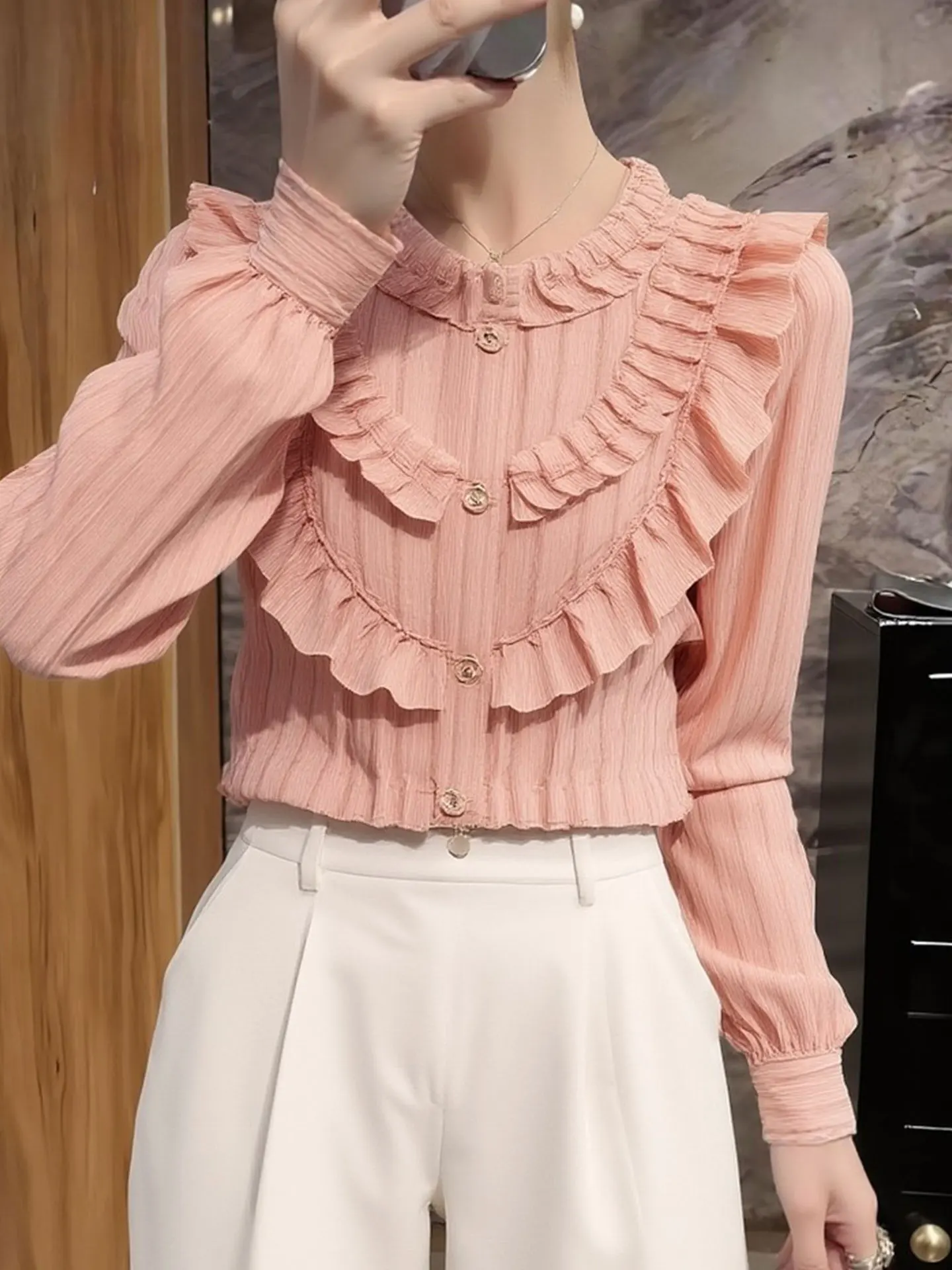 

Ele Long Sve Women's irt Floral Trim Patchwork Faionable Spring Top Korean Sle Straight Cut Silk Blend Blouse