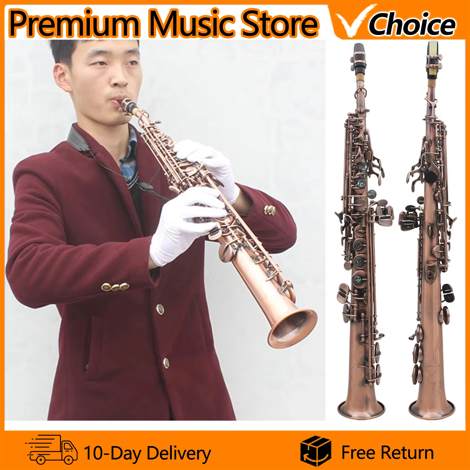 SLADE Soprano Saxophone Professional Red Antique Brass B Flat Straight Soprano Sax with Mouthpiece Case Glove Wiping Cloth