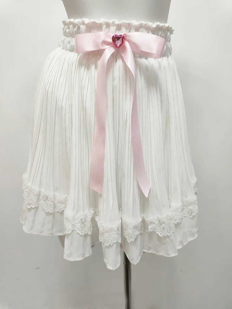 

Cute Skirts for Sweet Girls Summer Lace Trim Bows Decoration Elastic Waist Lolita Style Pleated Skirt Kawaii Clothes