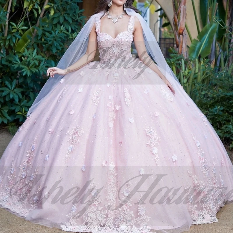 우아한 블러쉬 핑크 공주 소녀 Quinceanera 드레스 레이스 Applique 볼 가운 파티 파티 vestidos de 15 quinceañeras Customized