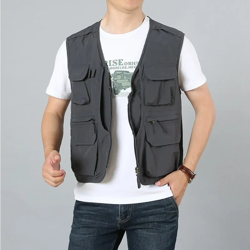 Outdoor Embroidered Vest Waterproof Multi-pocket Tool Plus Sleeveless Jacket Motorcyclist Size Outerwear Gilet Men MAN Work Zip