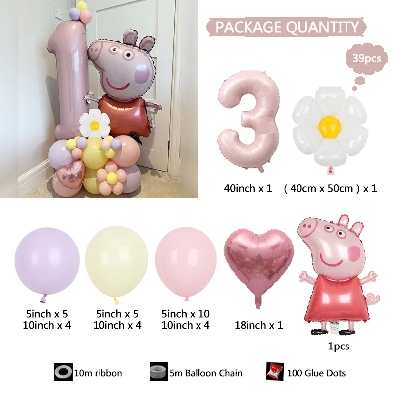 39pcs piggy Daisy Balloon Column Set 40inch Pink Number 1-9th Foil Balloons Macaroon Latex Globos for Girl Birthday Party