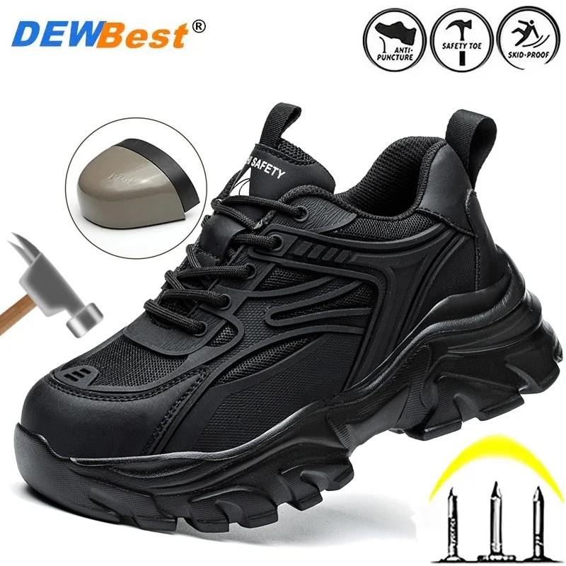 Women's lightweight and fashionable black thick soled anti slip, anti smashing, anti puncture, wear-resistant safety shoes