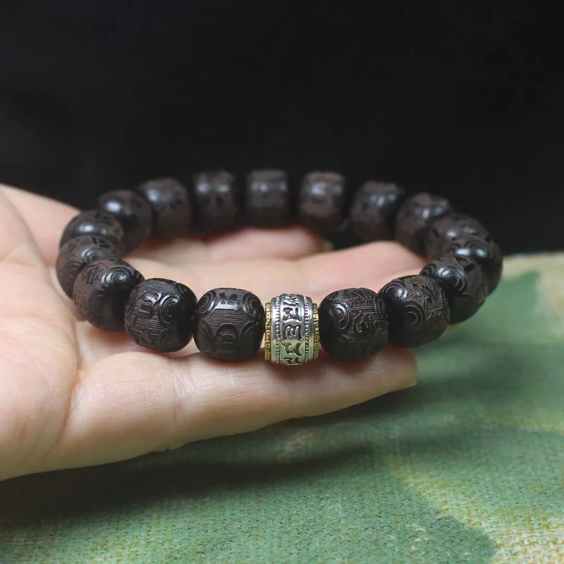 Ebony Old-Styled Bead 1.2 Six Words Buddha Beads Bracelet Tibetan Barrel Shaped Men and Women Crafts Rosary Ornament