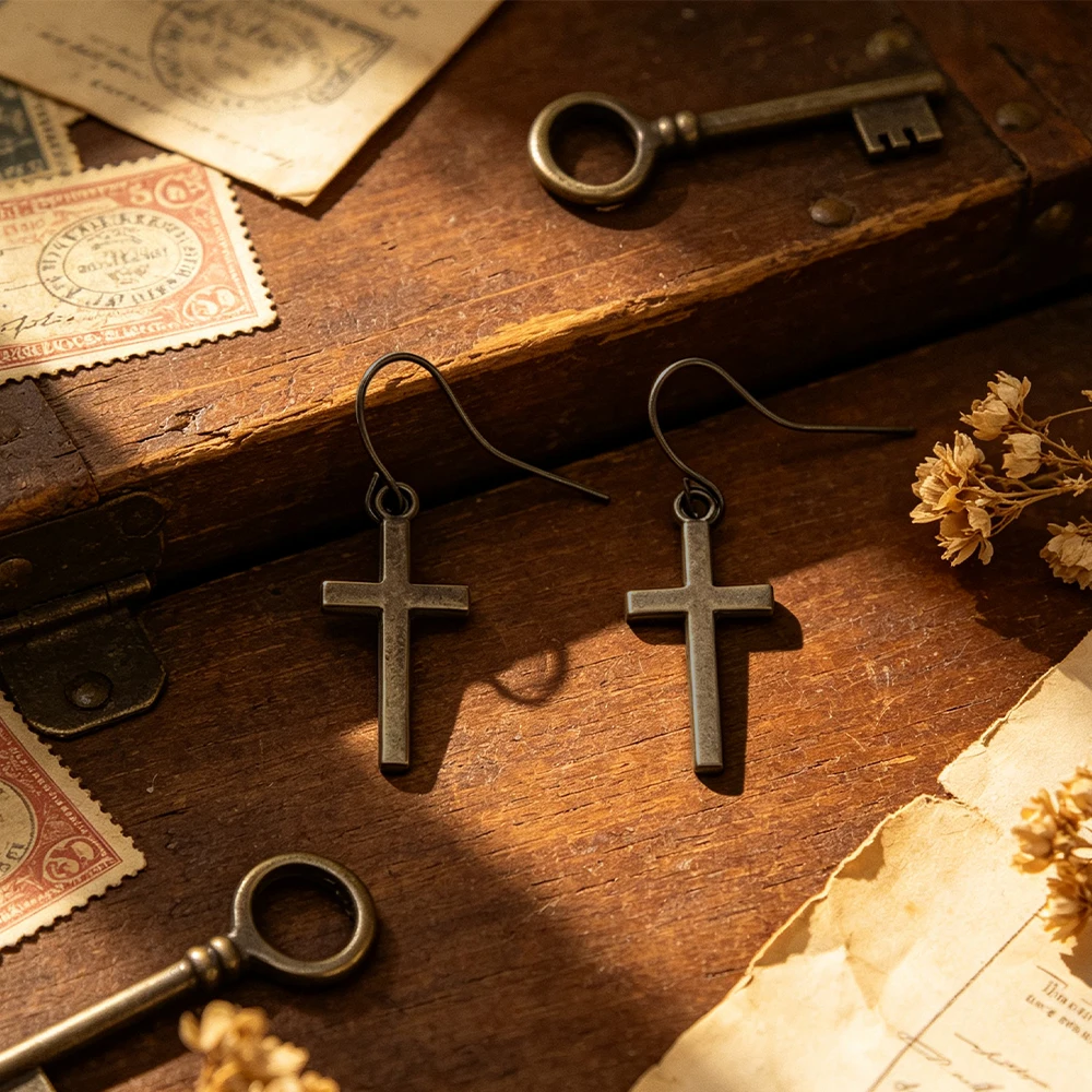 Vintage Distressed Cross Earrings, Simple Gothic Style Long Dangle Earrings for Both Men and Women