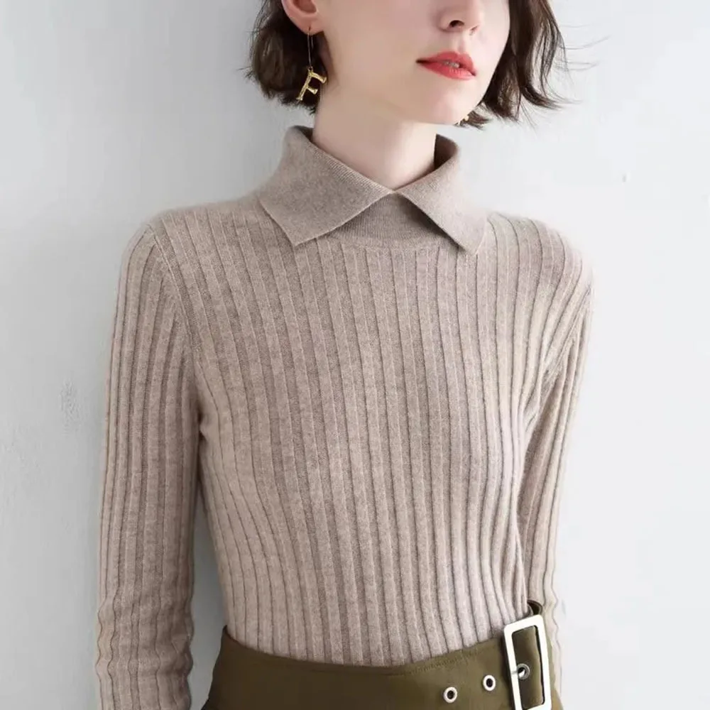 Autumn Winter Coffee Color Sweater For Women Vintage Tight-fit Polo Collar Long Sleeve Female Pullover Slim Bottoming Knitwears