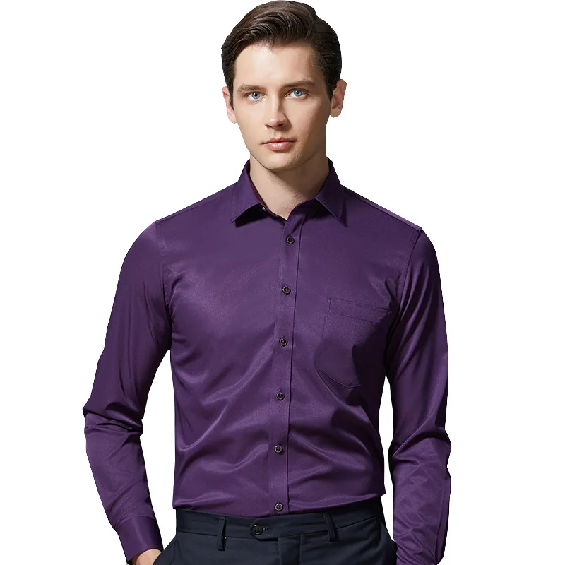 Camisa mercerizada de manga longa stretch masculina, anti-rugas, elasticidade, cor pura, trabalho, branco, casual, slim fit