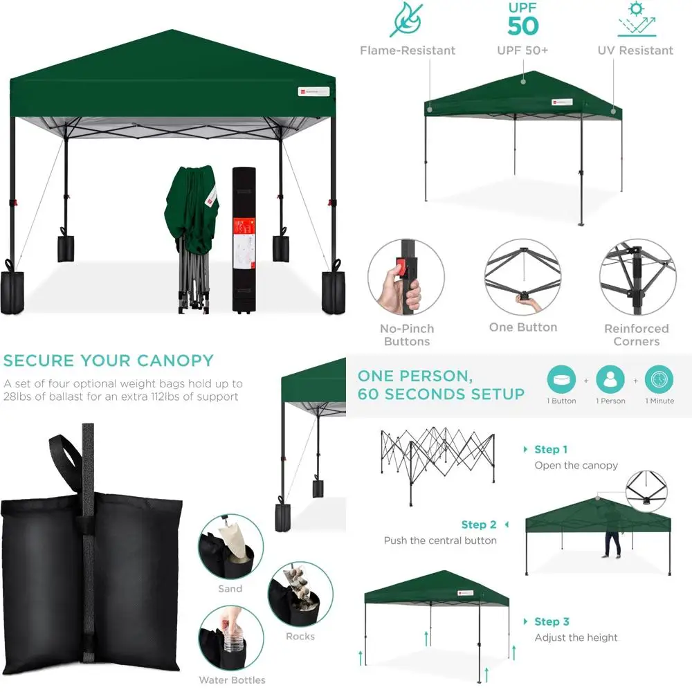 

Portable Instant Canopy Tent 10x10ft for 1 Person, Easy Setup, with Push Button, Carrying Case, 4 Weight Bags - Outdoor Shelter