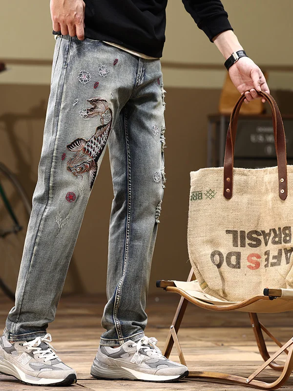 

Retro Style Men's Embroidered Denim Jeans Large Size Long Torn Slim Fit Straight Leg High Waist Zipper Closure Youth Fashion