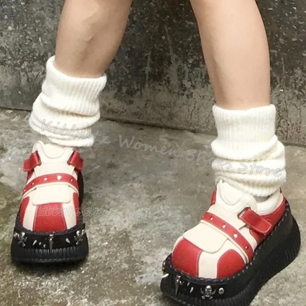 

Rivets Thick Bottom Sneaker Gothic Platform Punk Rock Novelty Leather Mixed Color Fashion Elegant Concise Shoes Newest Hot Girls