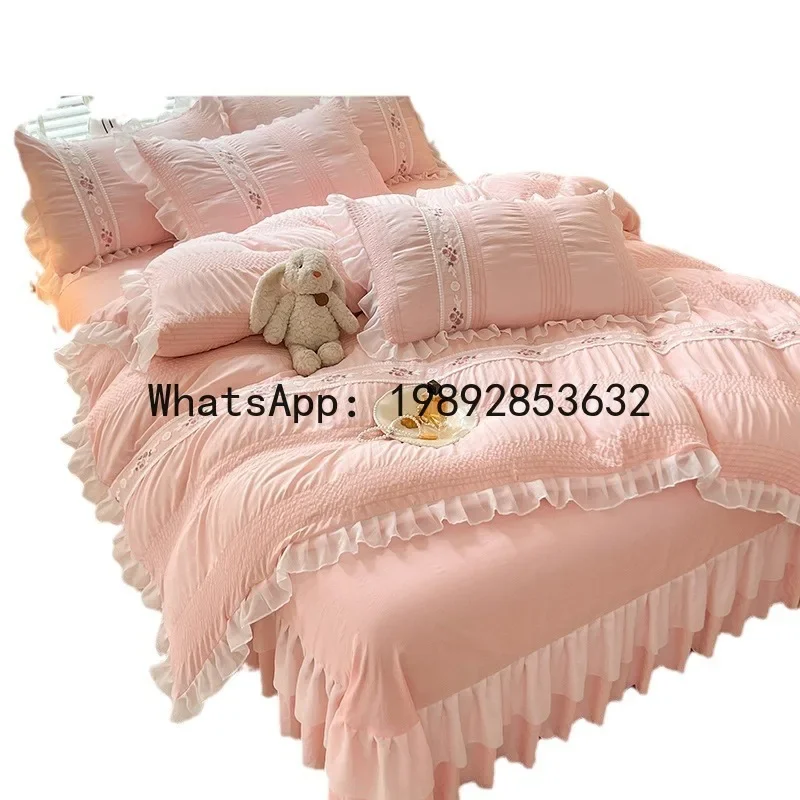 Korean version of embroidered seersucker four-piece set, lace princess feng shui washing quilt cover, bed skirt