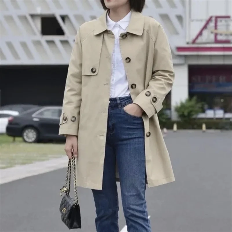 

2025 Mid Length Trench Coats Women Korean Autumn Long Sleeve Temperament With Lining Female Windbreaker Outerwear Overcoat