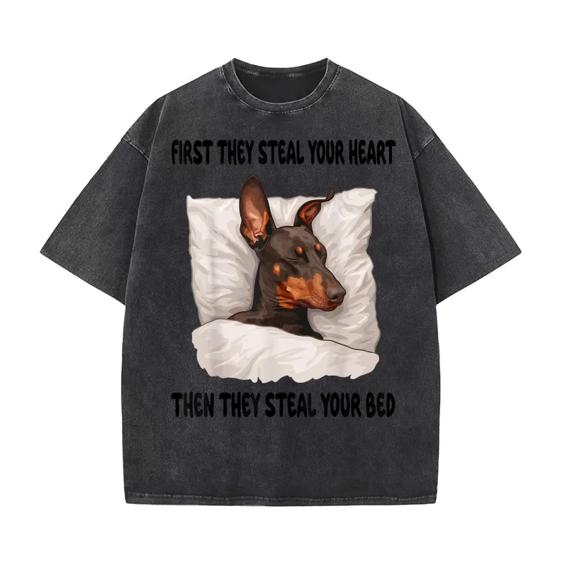 

Doberman Pinscher Sleeping Pajamas Nightgown T-Shirt Men Tees Funny First They Steal Your Heart Then They Steal Your Bed